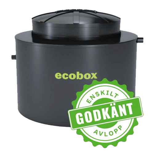 Ett runt svart minireningsverk märkt "ecobox" med lock på toppen. En grön stämpel med svensk text "GODKÄNT ENSKILT AVLOPP" är överlagd, vilket indikerar godkännande för enskilda avloppssystem.